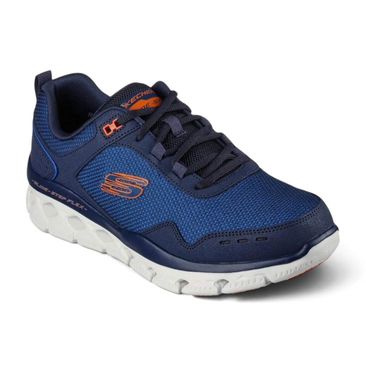 FRG GLIDE-STEP FLEX navy blue mesh athletic sneakers with orange accents and a white cushioned sole