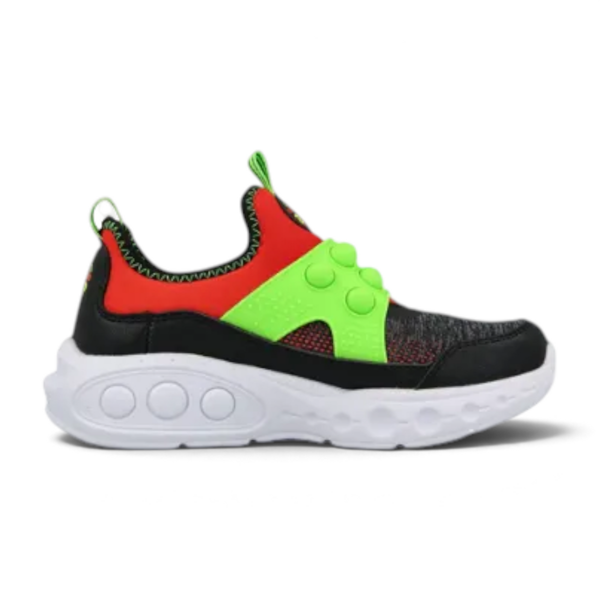 FRG SKECH POPS kids sneakers featuring a black, red, and neon green design with bubble-textured side panels.