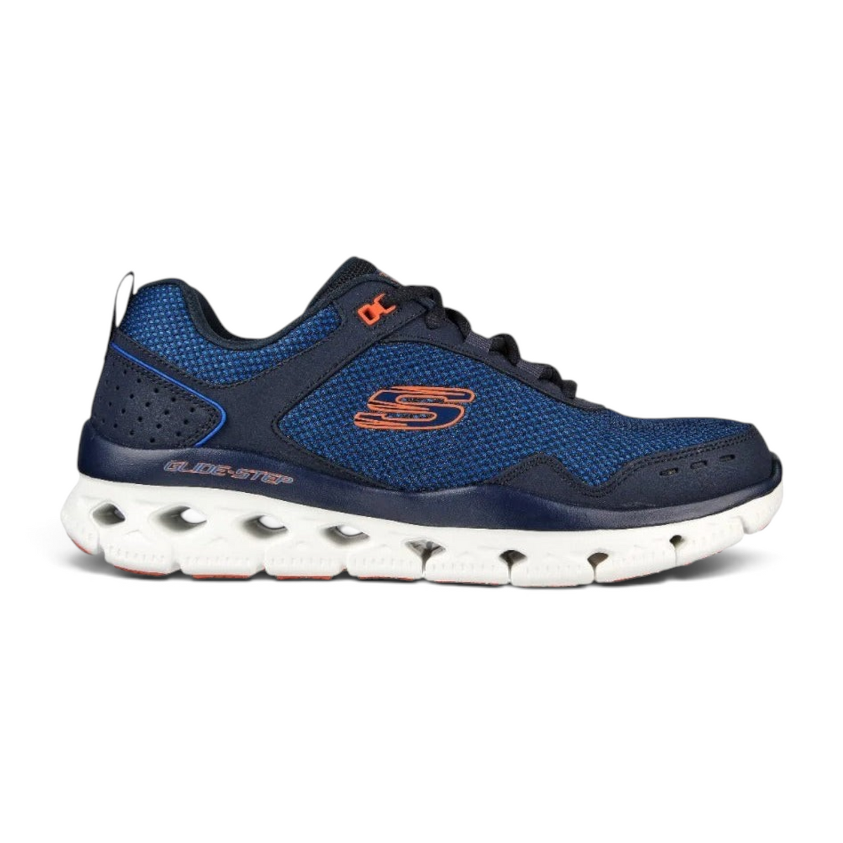 FRG GLIDE-STEP FLEX navy blue athletic sneaker with orange accents and a white cushioned geometric sole
