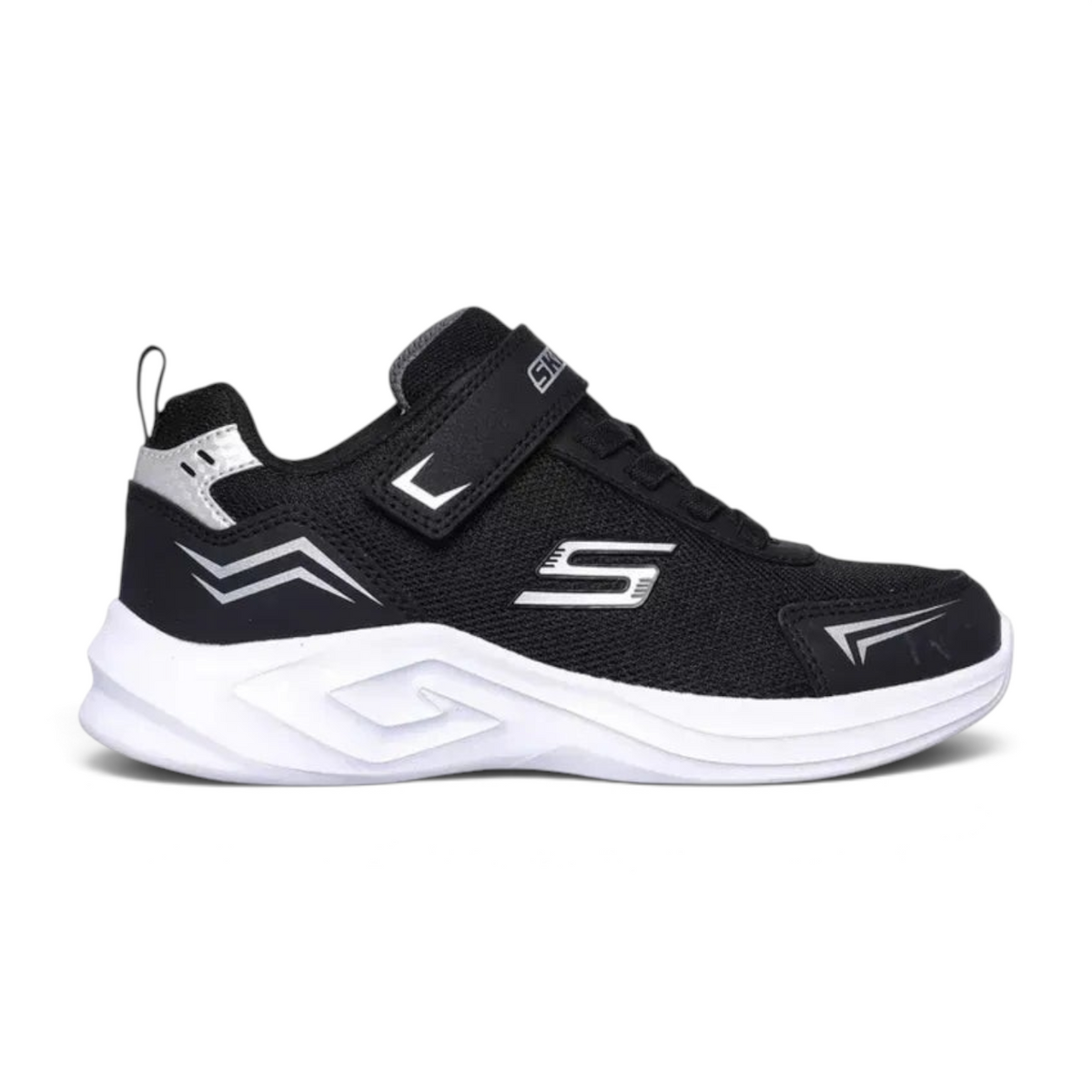 FRG MAZEMATICS kids black and white athletic sneakers with hook-and-loop strap and silver geometric accents