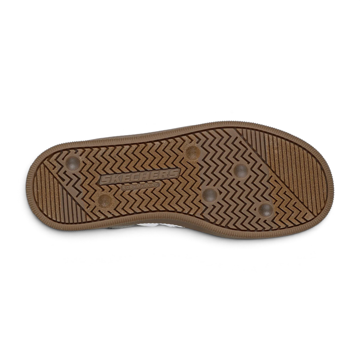 FRG Skechers Hotshot Junior Varsity sneaker showing the brown non-marking rubber outsole with a zigzag tread pattern.