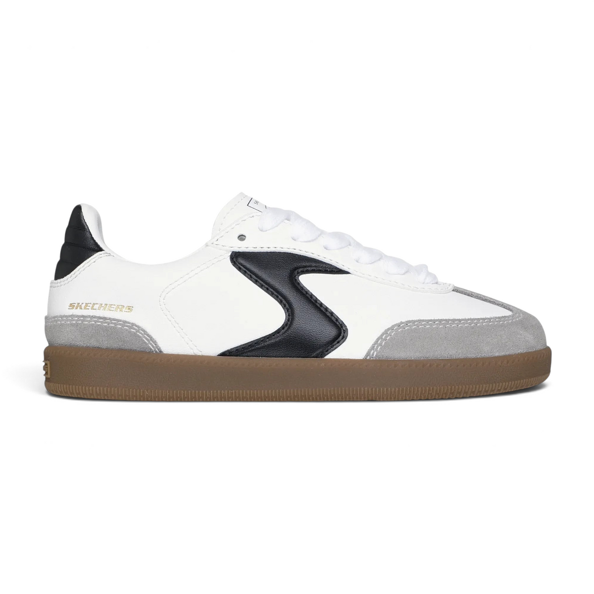 FRG Skechers Hotshot Junior Varsity low-profile sneaker in white synthetic leather with grey suede and black accents.