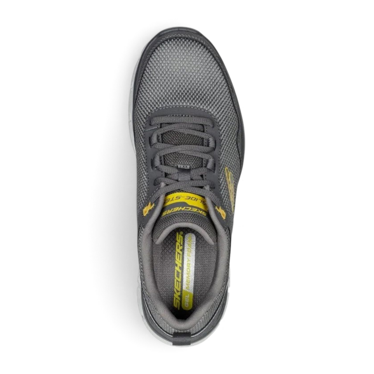 FRG GLIDE-STEP FLEX grey mesh athletic sneakers with yellow accents and memory foam insoles, top-down view.