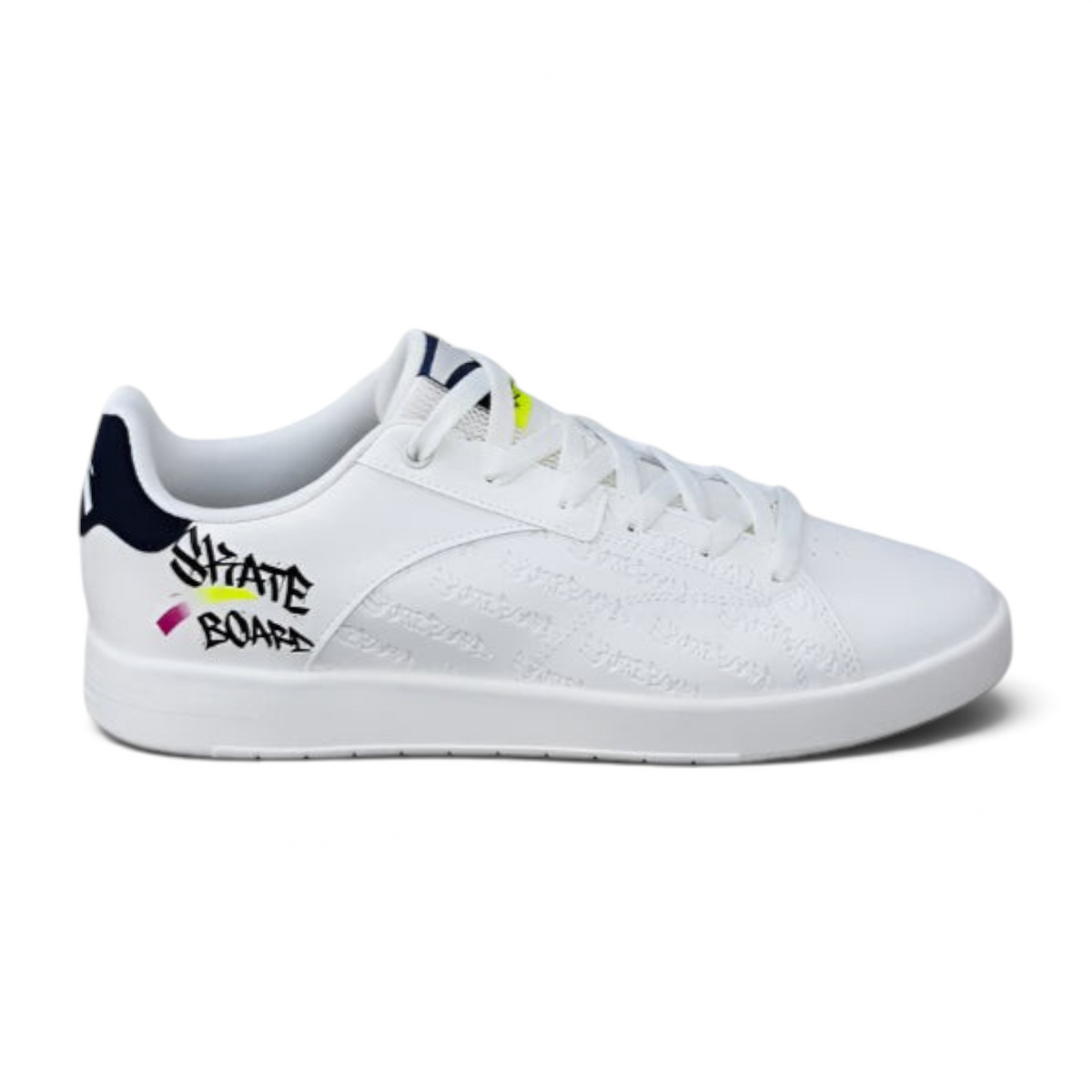 FRG X-GAME white lifestyle sneakers for men featuring graffiti-style skate board graphic and textured side panels