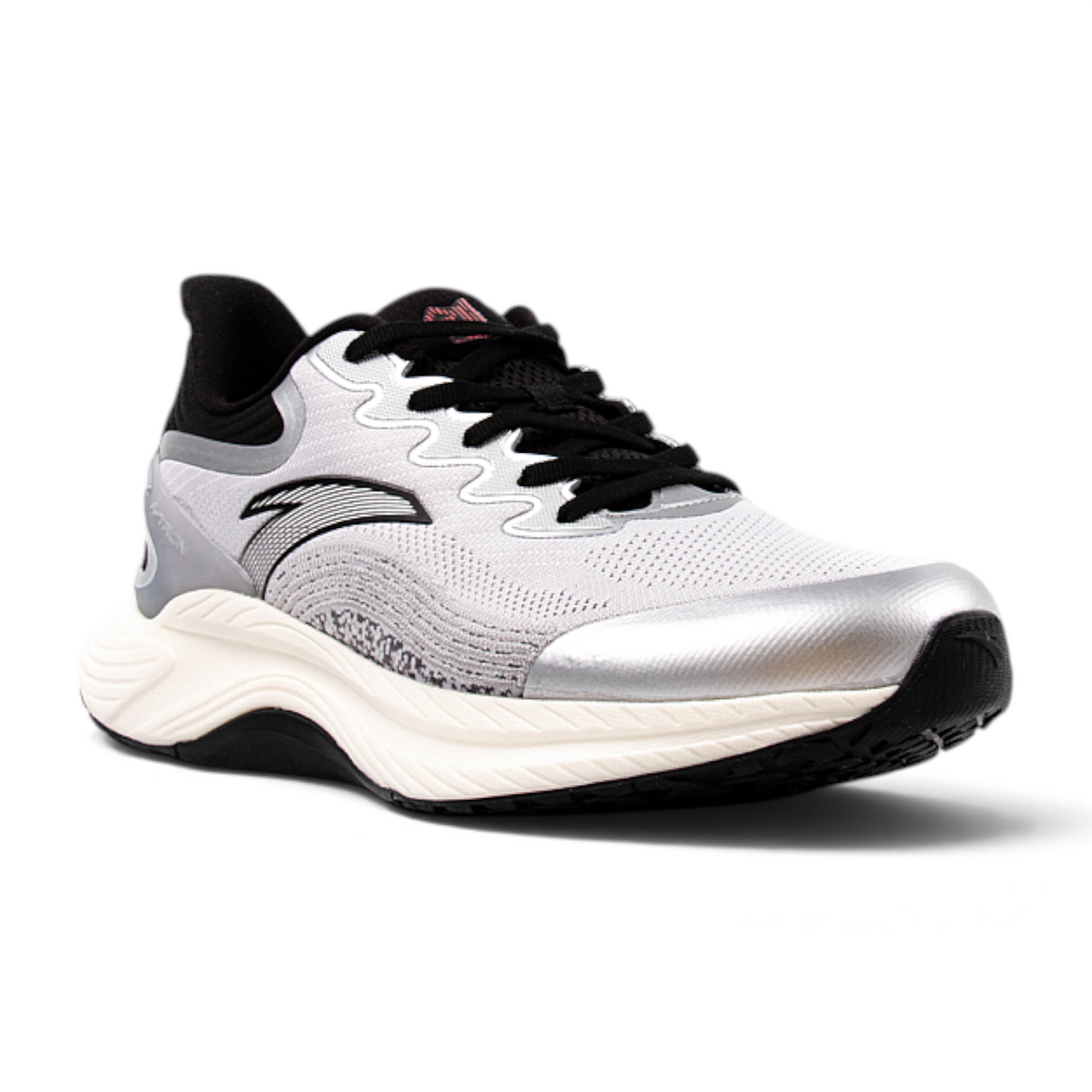 FRG running shoes in silver and white with black accents, featuring a breathable mesh upper and cushioned sole.