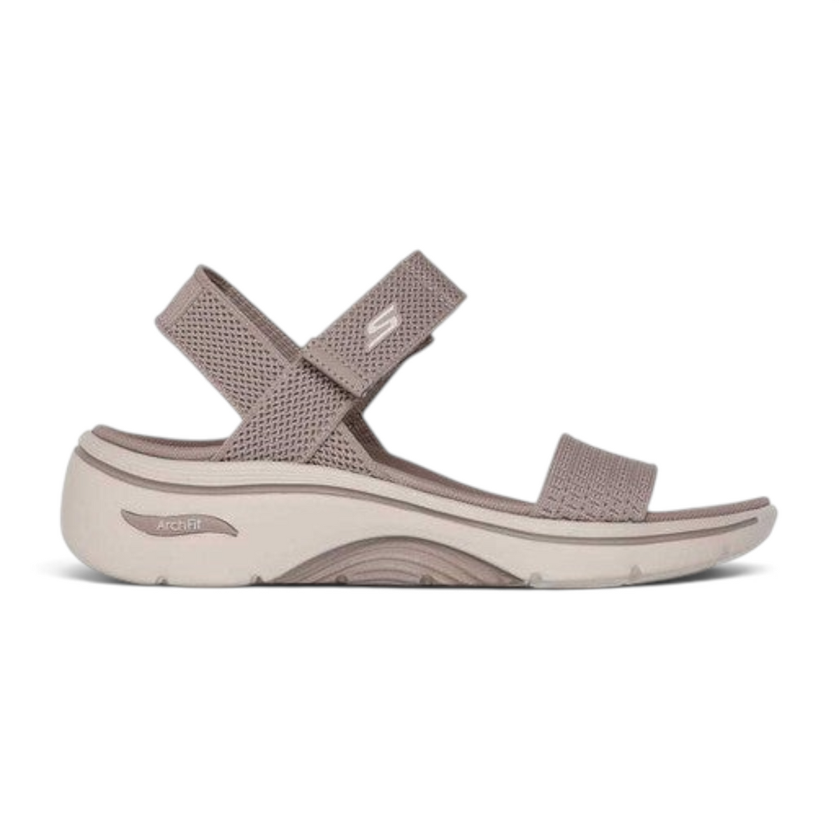 FRG Skechers GO WALK Arch Fit 2.0 Annie taupe textile walking sandal with cushioned arch support and velcro strap