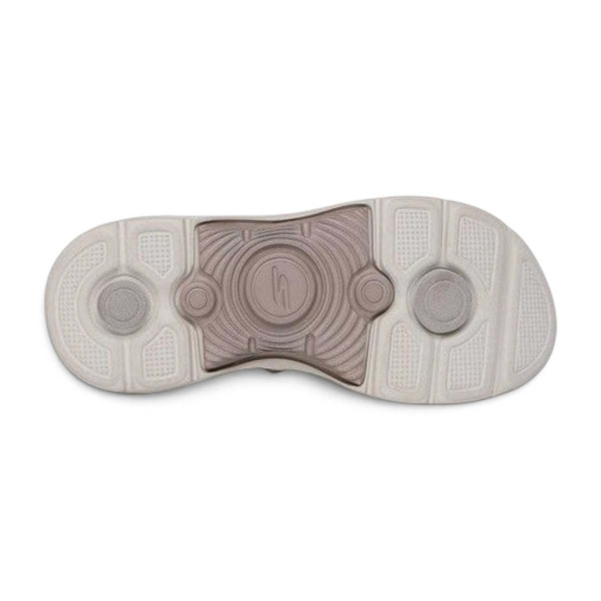 FRG Skechers GO WALK Arch Fit 2.0 sandal in taupe, showing the textured, supportive outsole tread pattern.