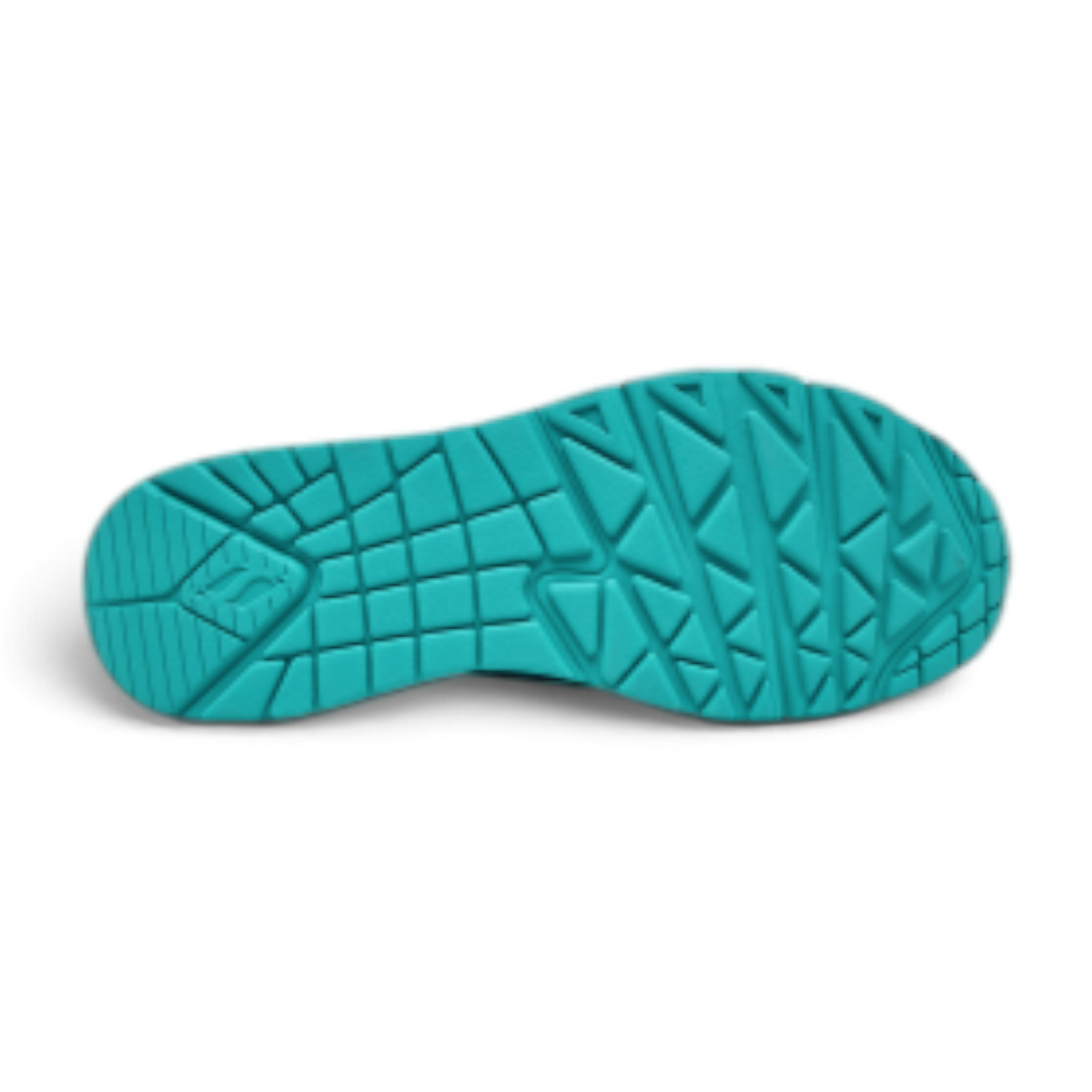 FRG Skechers Uno Spread The Love lifestyle sneaker in teal, showing the textured rubber outsole pattern.