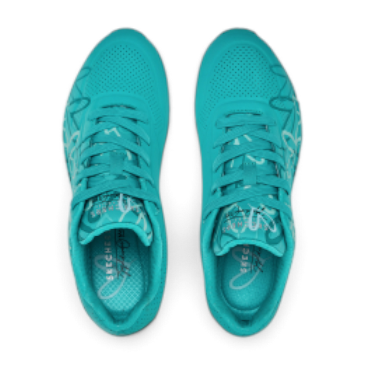 FRG Skechers Uno Spread The Love teal lifestyle sneakers with heart pattern details, top-down view.