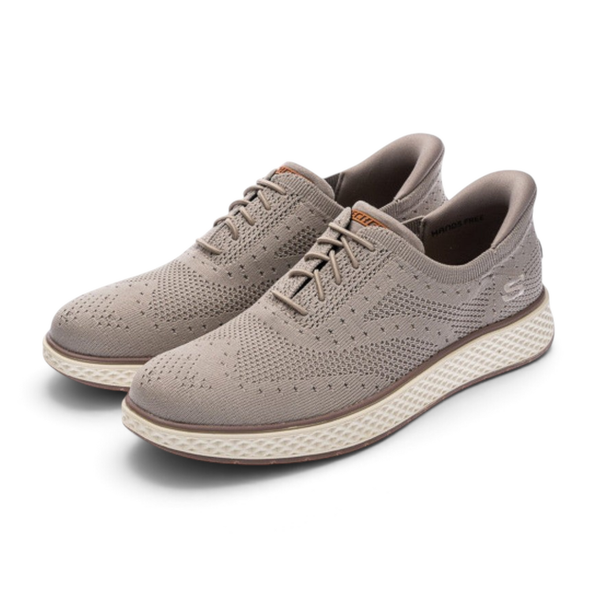 FRG Skechers Burkett Durand taupe knit wingtip slip-on shoes with stretch laces and cushioned memory foam insoles