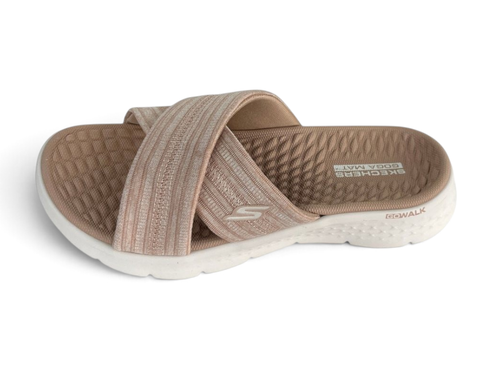 FRG Skechers GO WALK FLEX taupe slide sandals with woven memory foam cross-straps and cushioned footbed