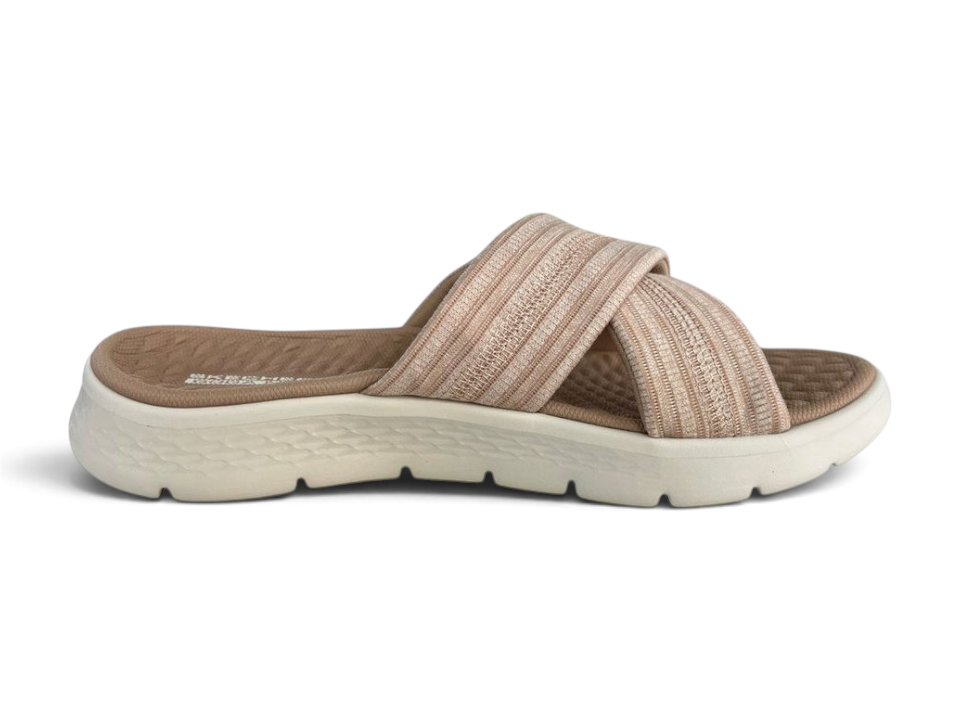 FRG Skechers GO WALK FLEX taupe vegan slide sandals with woven memory foam fabric cross-straps and cushioned sole