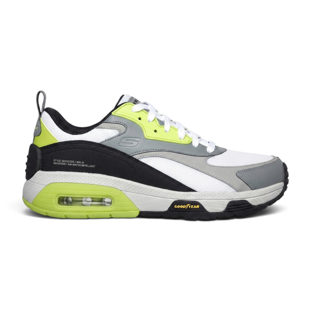 FRG Skechers Air Extreme V.2 sneakers in white, grey, and neon yellow with Goodyear performance outsoles.