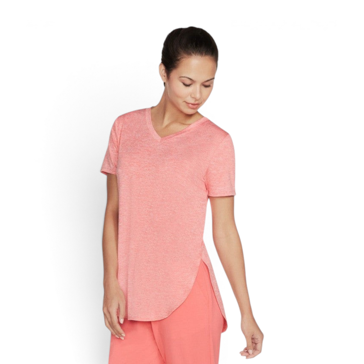 FRG Skechers GO Walk Wear Diamond Blissful short-sleeve tunic in calypso coral with a high-low hem on a model
