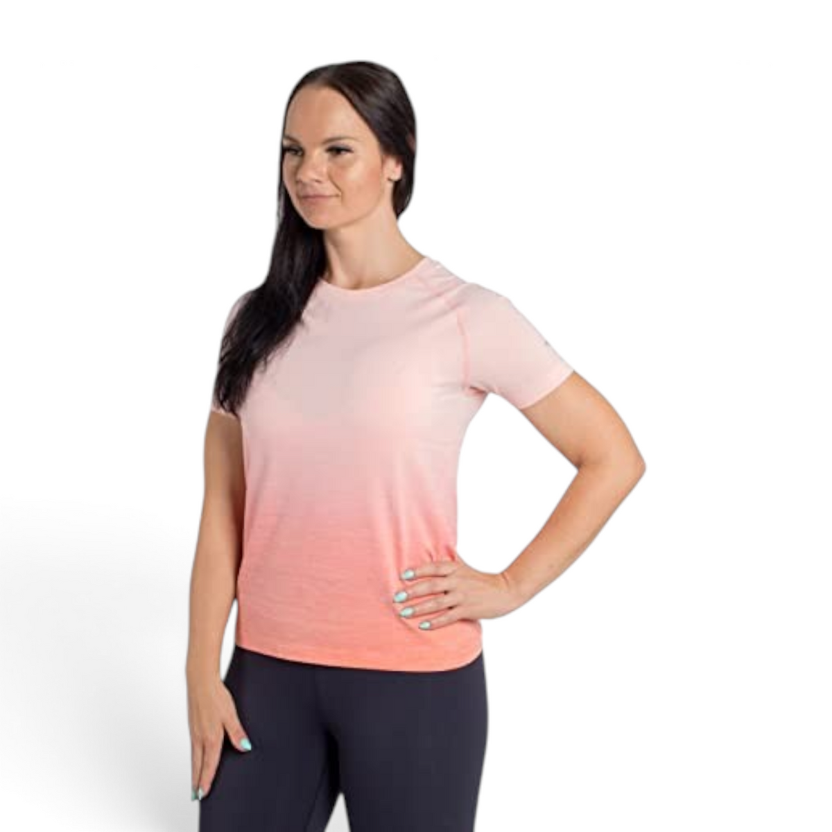 Woman wearing a FRG peach to orange ombre short-sleeve athletic T-shirt against a white background