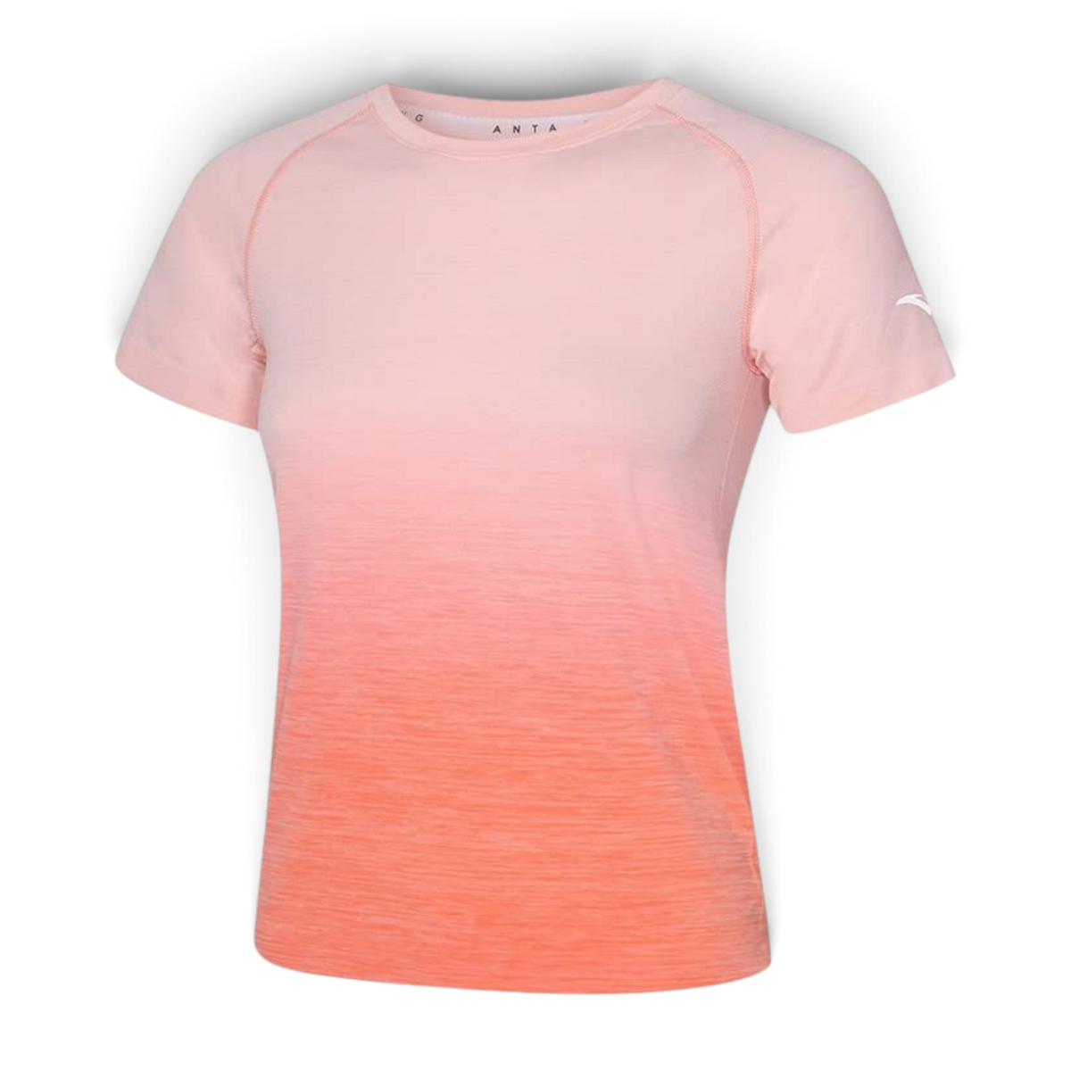 FRG women's short-sleeve t-shirt featuring a light pink to orange ombre gradient design and a round neckline