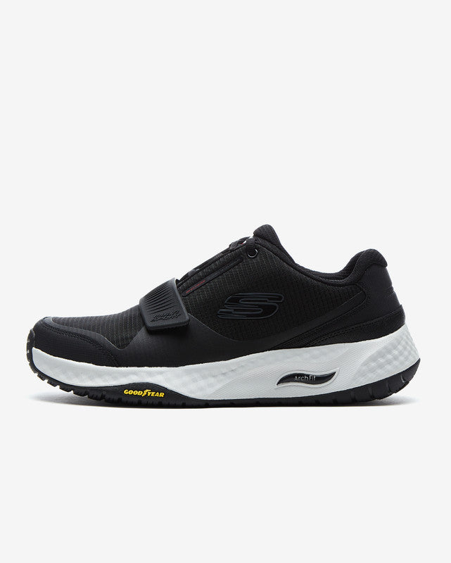 FRG Arch Fit Multi Sport black athletic sneaker with a thick white cushioned midsole and midfoot strap