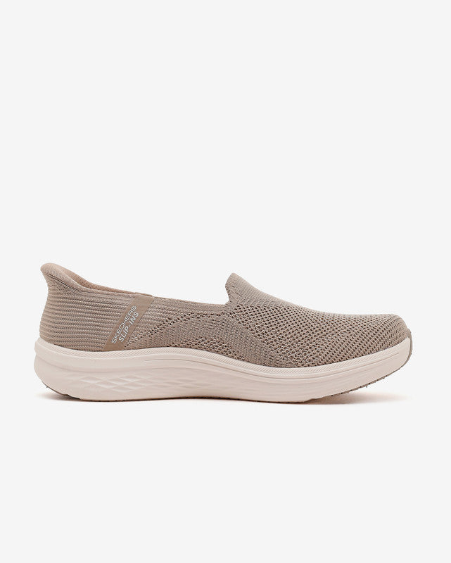FRG Skechers Max Cushioning Lite Aura Tessa taupe vegan slip-on sneakers with engineered knit upper and thick midsole