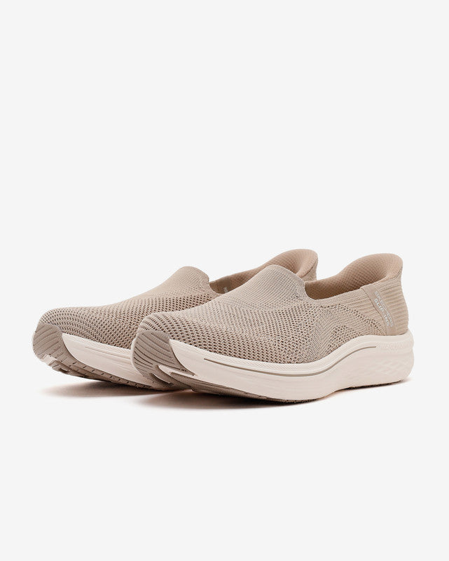 FRG Skechers Max Cushioning Lite Aura Tessa taupe vegan slip-on sneakers with engineered knit upper and heel pillow