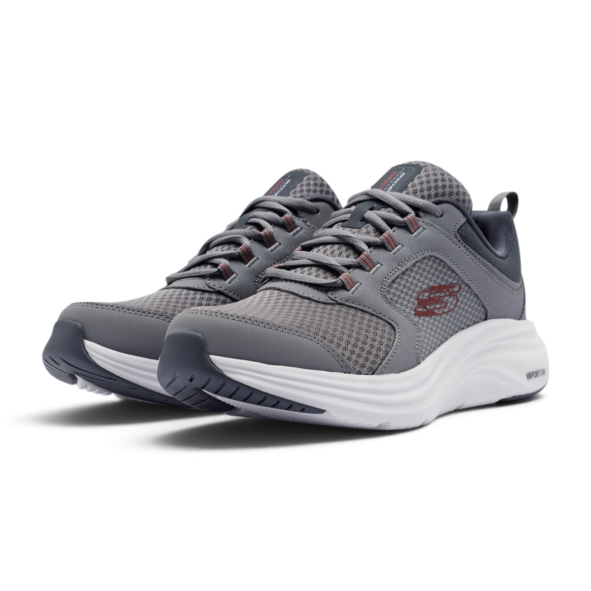 FRG Skechers Vapor Foam Newmatic grey mesh running sneakers with white cushioned soles and red logo accents