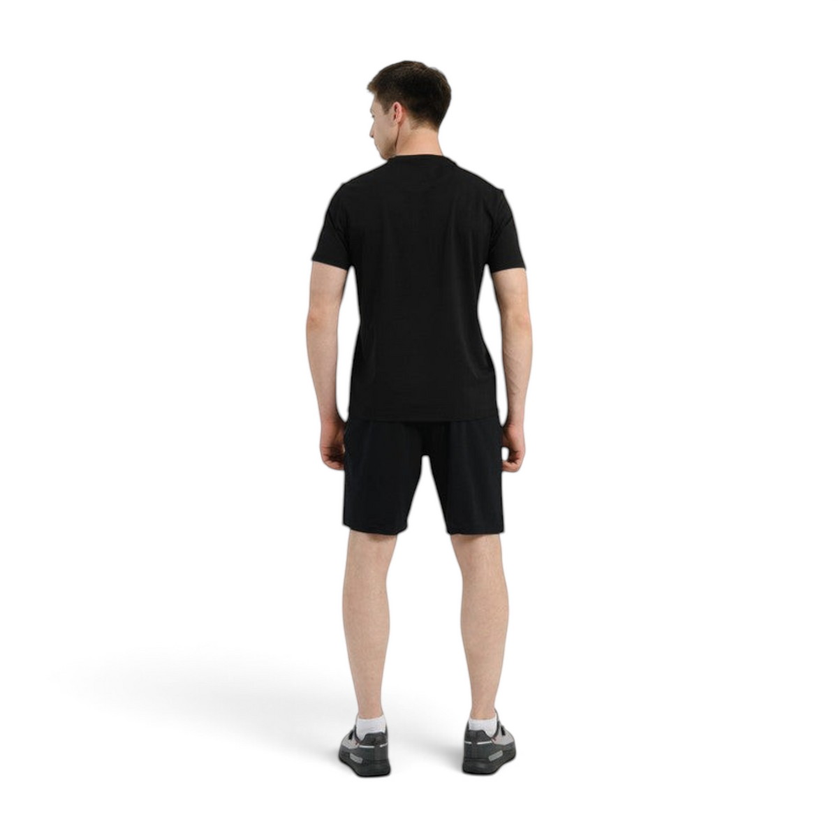 FRG Anta men's black knit training shorts worn by a model from the back view, featuring a regular fit.