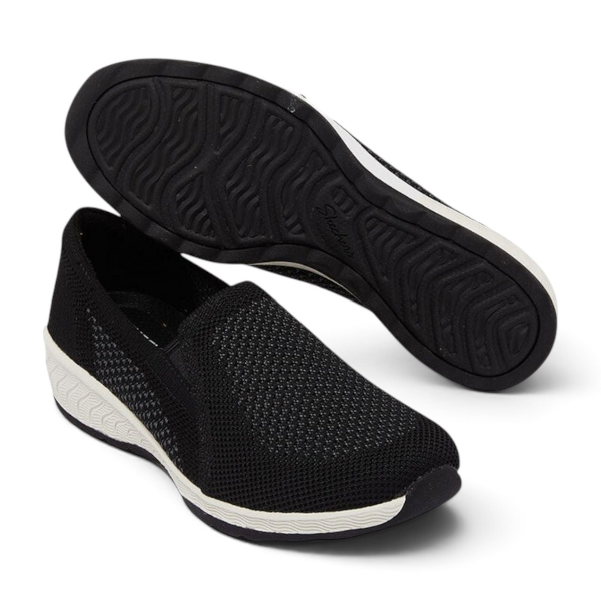FRG Skechers Up-Lifted slip-on sneakers in black knit with white wedge heel and memory foam comfort