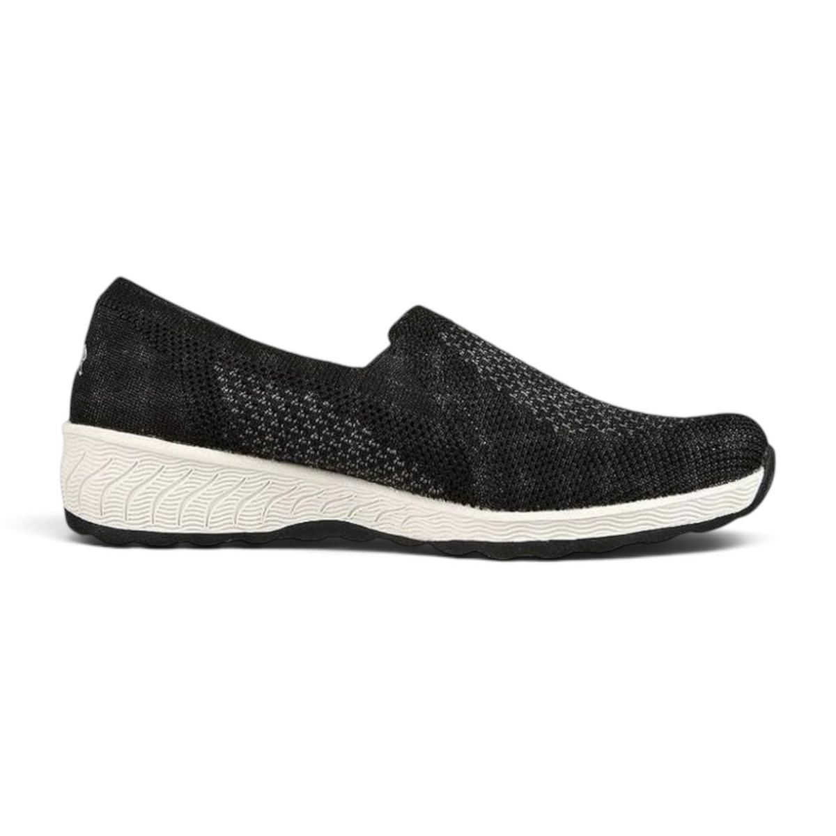 FRG Skechers Up-Lifted New Rules slip-on shoe in black knit with a white low wedge heel and memory foam comfort.