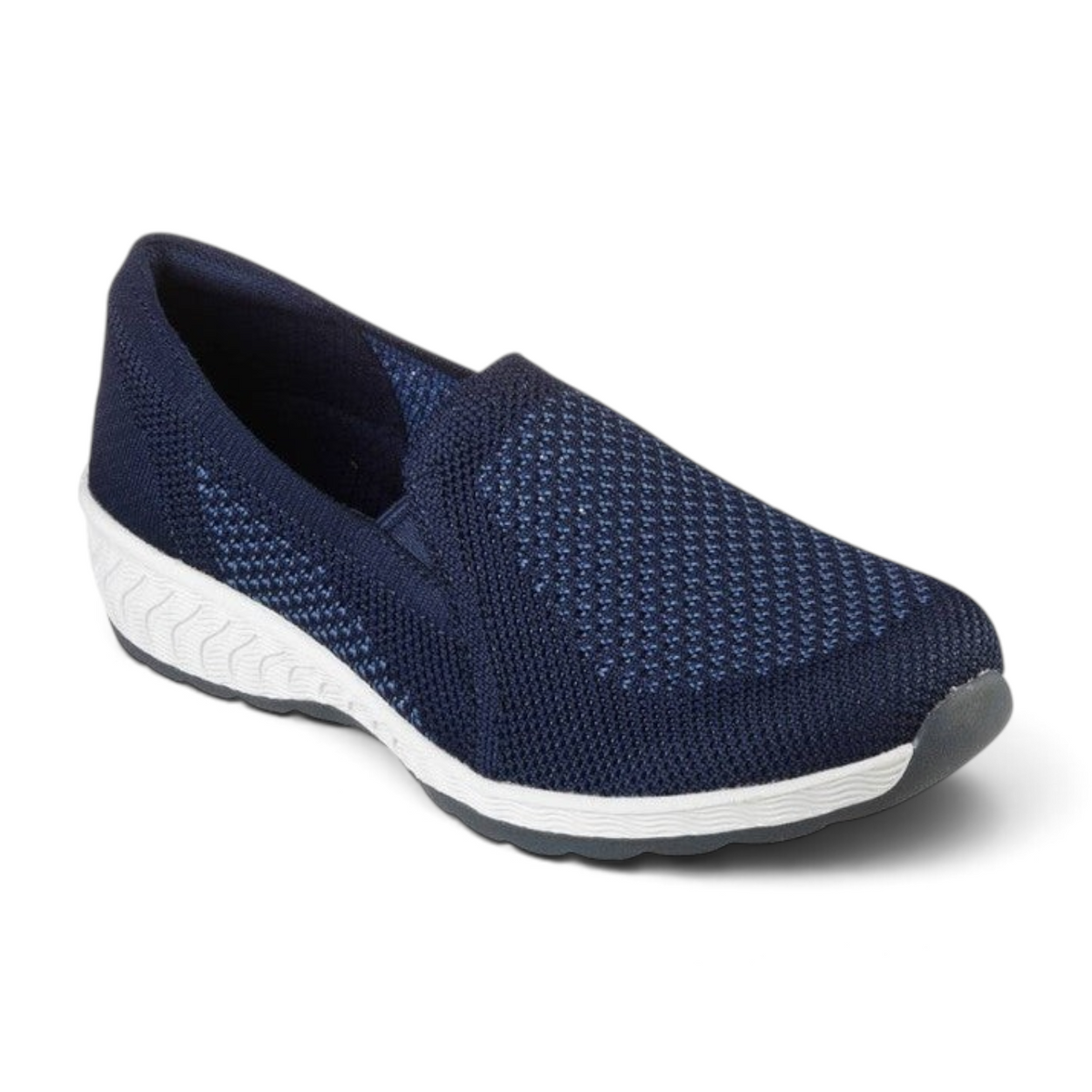 FRG Skechers Up-Lifted New Rules navy blue stretch-fit knit slip-on shoe with a white wedge heel