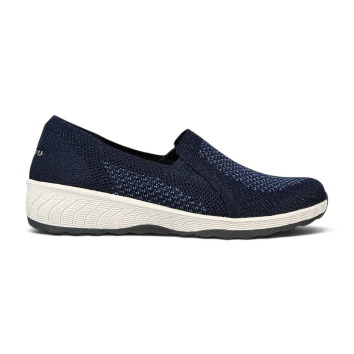 FRG Skechers Up-Lifted navy stretch-fit knit slip-on shoe with a low wedge heel and cushioned memory foam sole