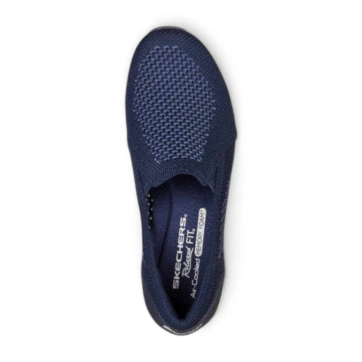 FRG Skechers Up-Lifted navy blue stretch-fit knit slip-on shoe with memory foam cushioned insole, top view
