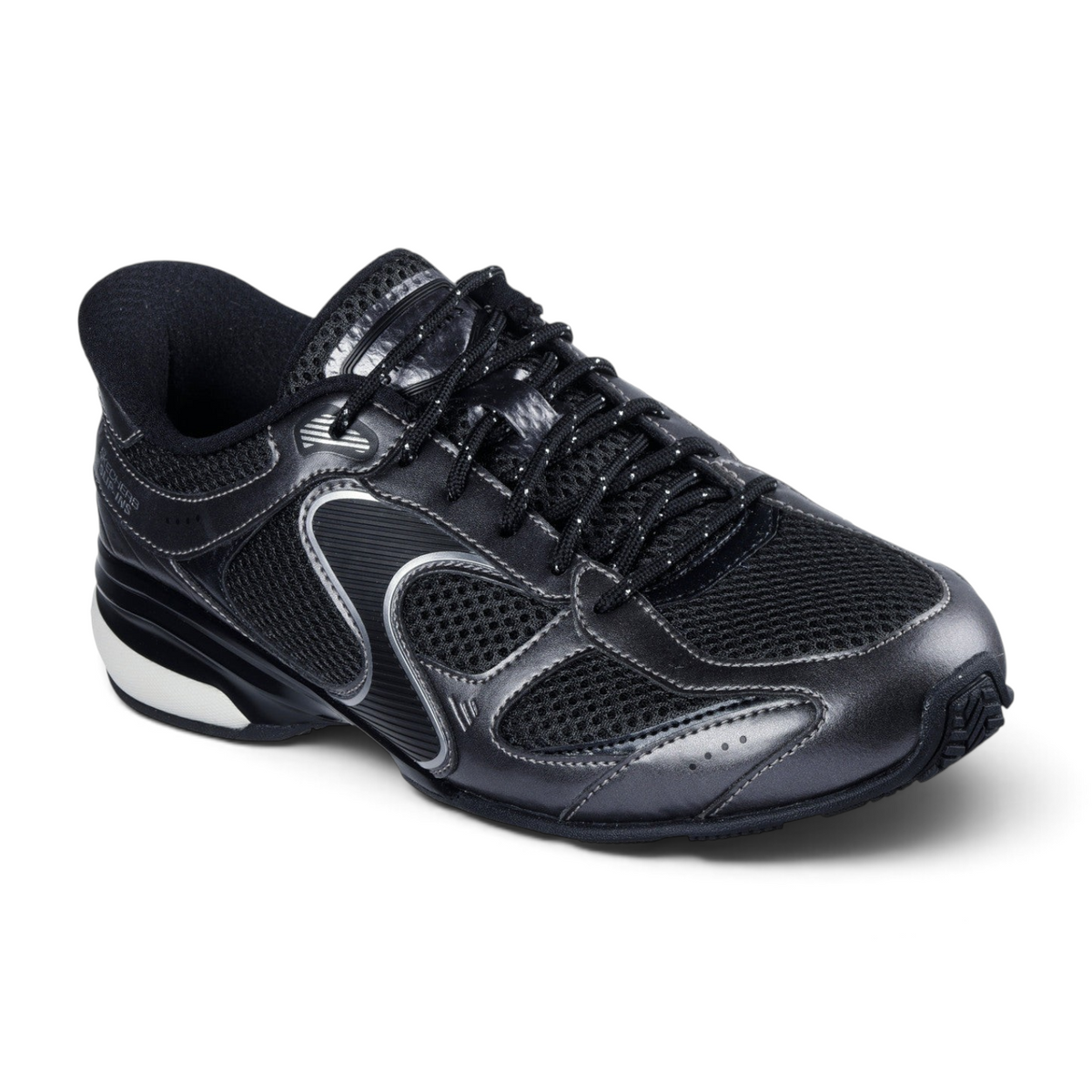 FRG Skechers Slip-ins Exhilarate sneaker in black and grey with metallic overlays and breathable mesh panels.