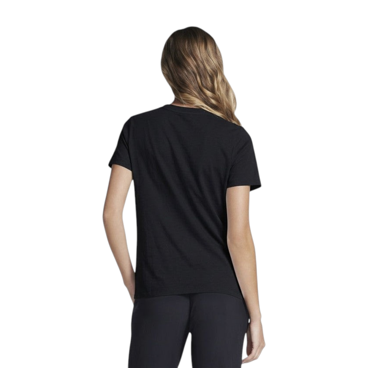 Back view of a woman wearing a black ANTA short sleeve polyester training t-shirt for gym workouts