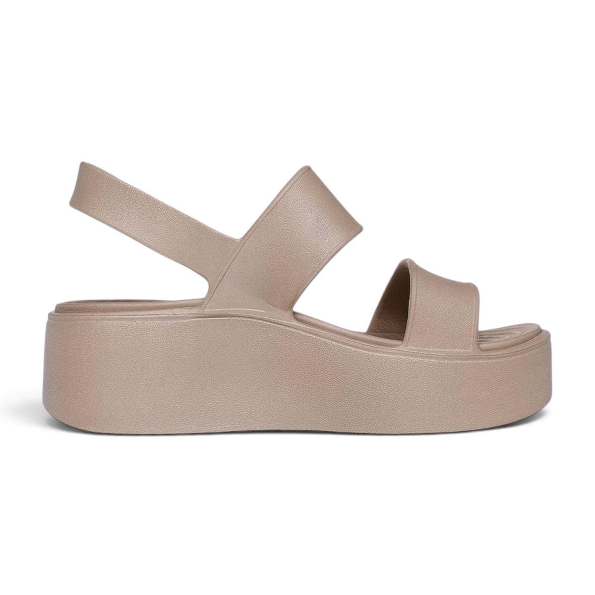 FRG Skechers Arch Fit Upbeat platform sandals in taupe with double cross-band straps and adjustable slingback.