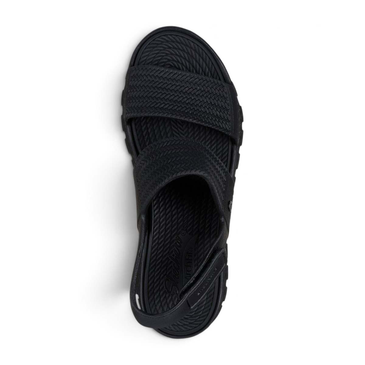 FRG Skechers Foamies Arch Fit Footsteps black sandals with a sculpted textured upper and cushioned arch support