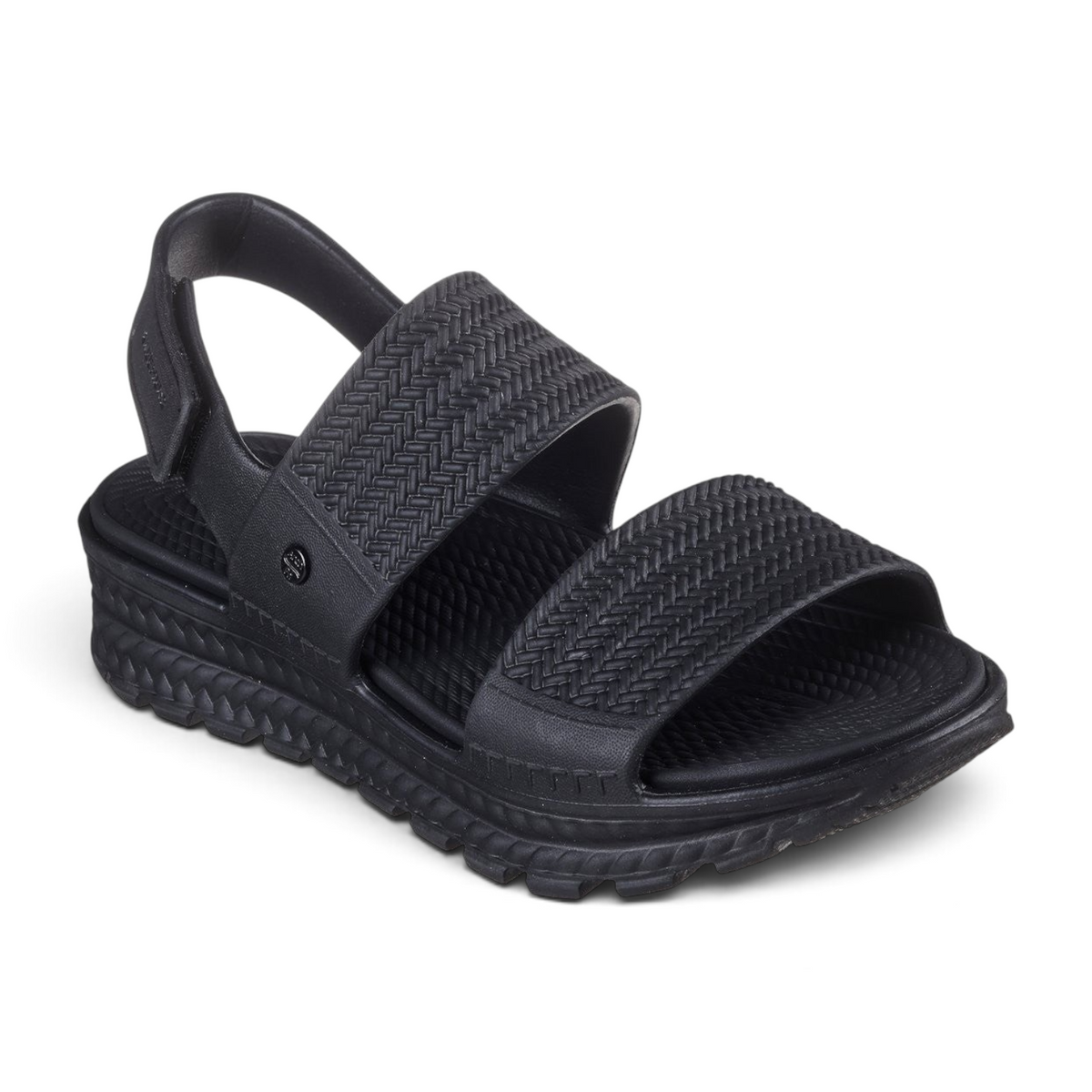 FRG Skechers Foamies Arch Fit Footsteps black sandals with a sculpted woven-texture upper and cushioned arch support.