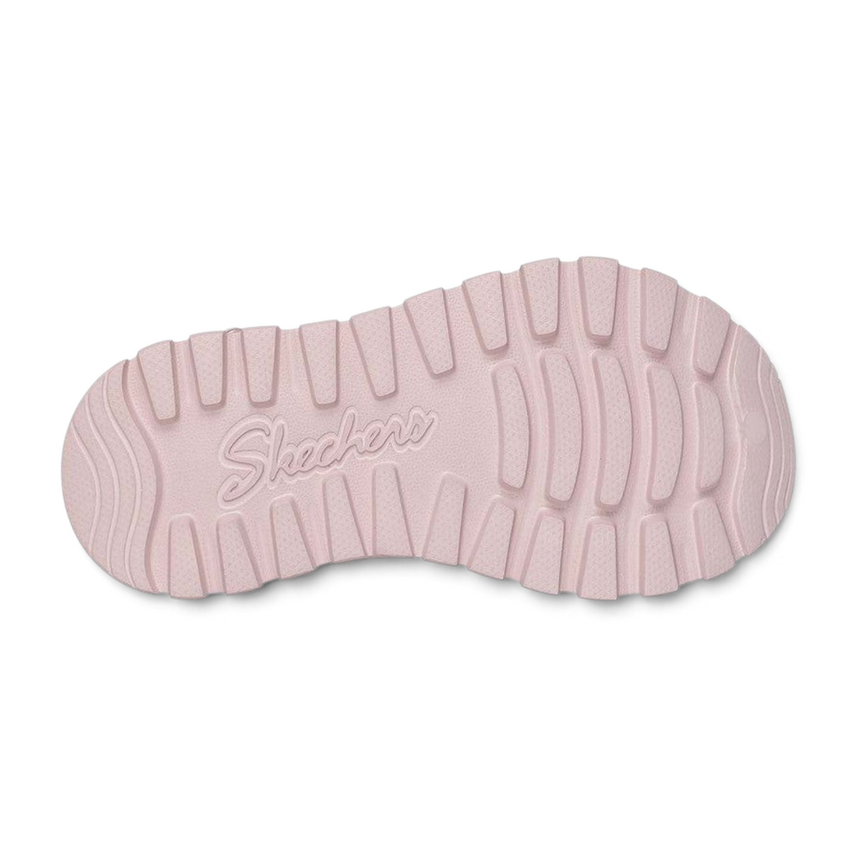 FRG Skechers Foamies Arch Fit sandal in blush pink showing the sculpted tread pattern on the rubber outsole