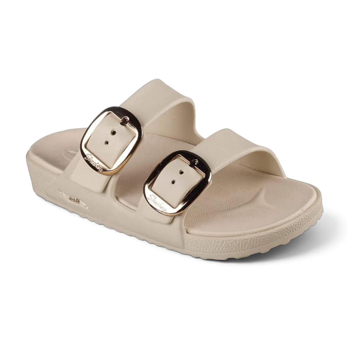 FRG Arch Fit Cali Breeze 2.0 Gold Star beige slide sandals with two adjustable straps and metallic gold buckles