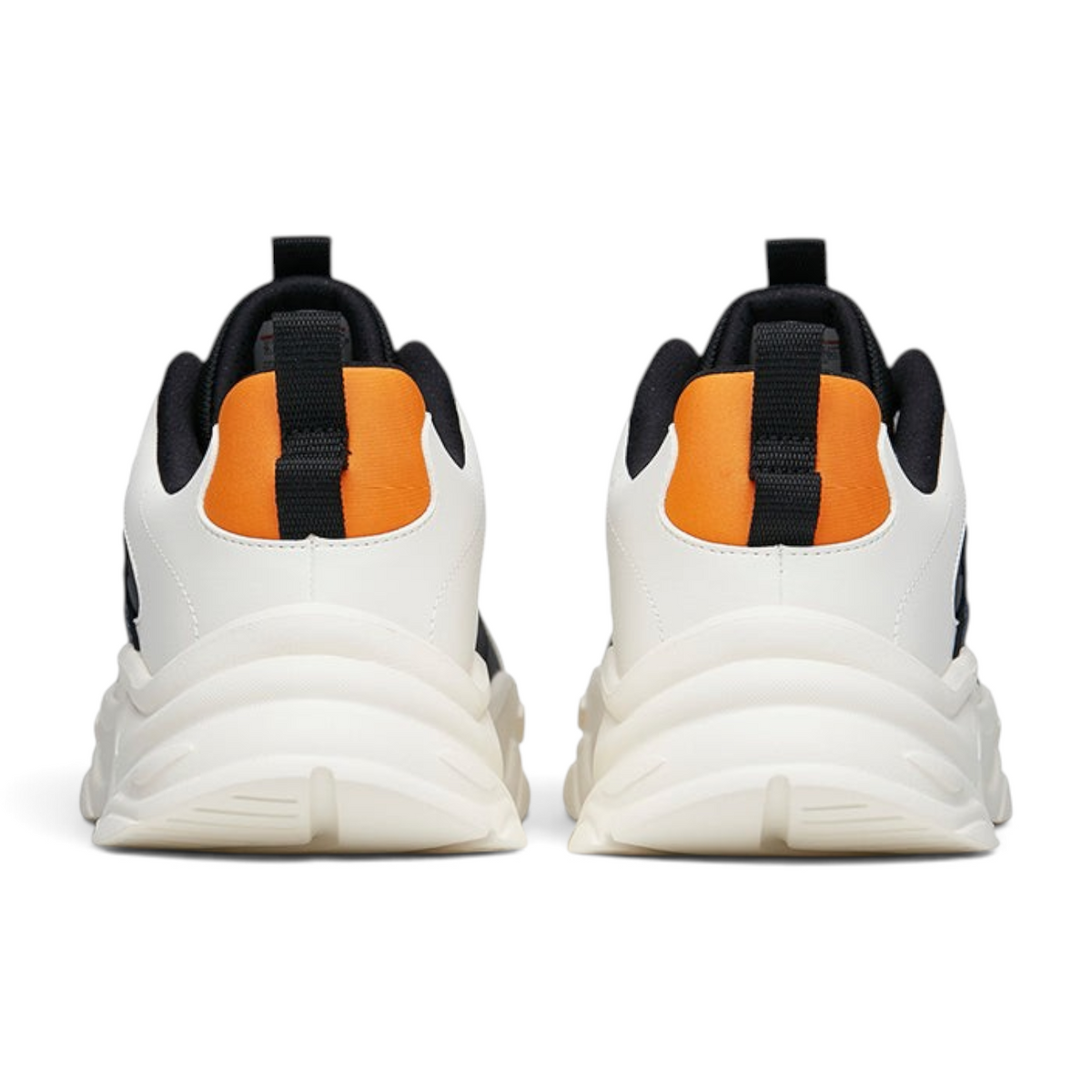 FRG ANTA Little Millennium 2 sneakers in black and white with orange heel detail, shown from the back view.