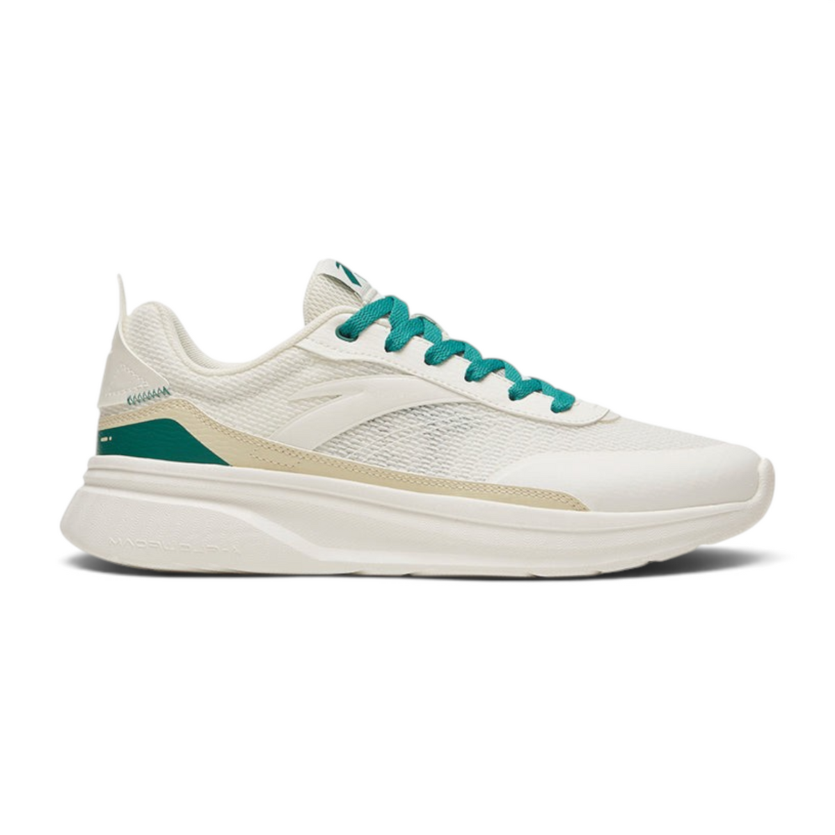 FRG casual shoes in white mesh with teal laces and green heel accent, side profile view