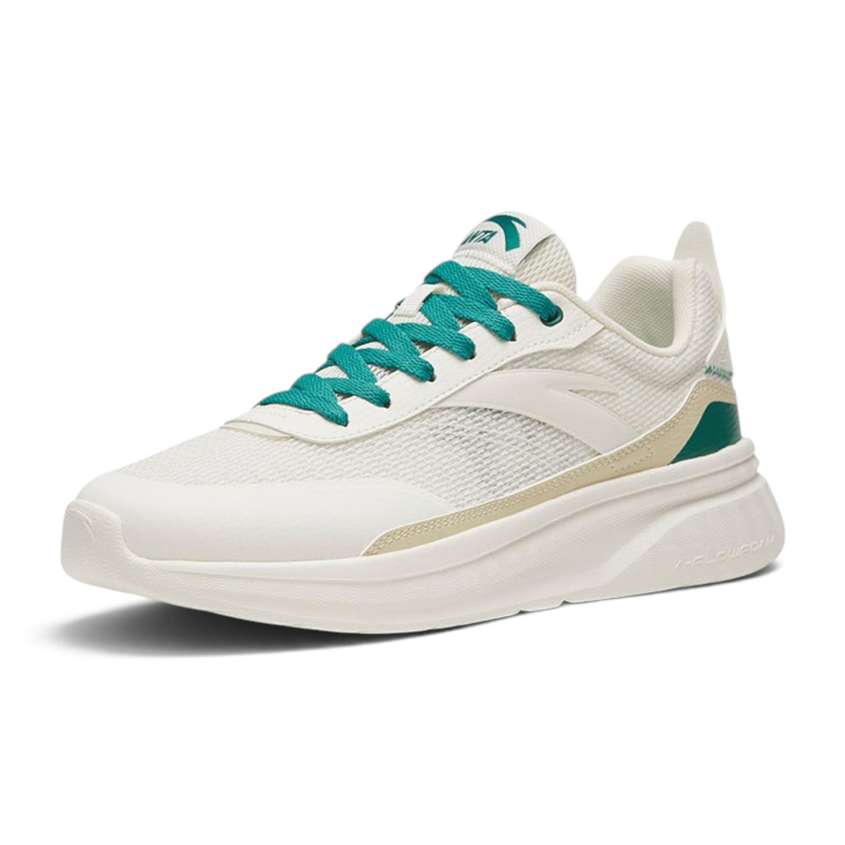 FRG casual shoes in white mesh with green laces and teal accents on a thick cushioned sole