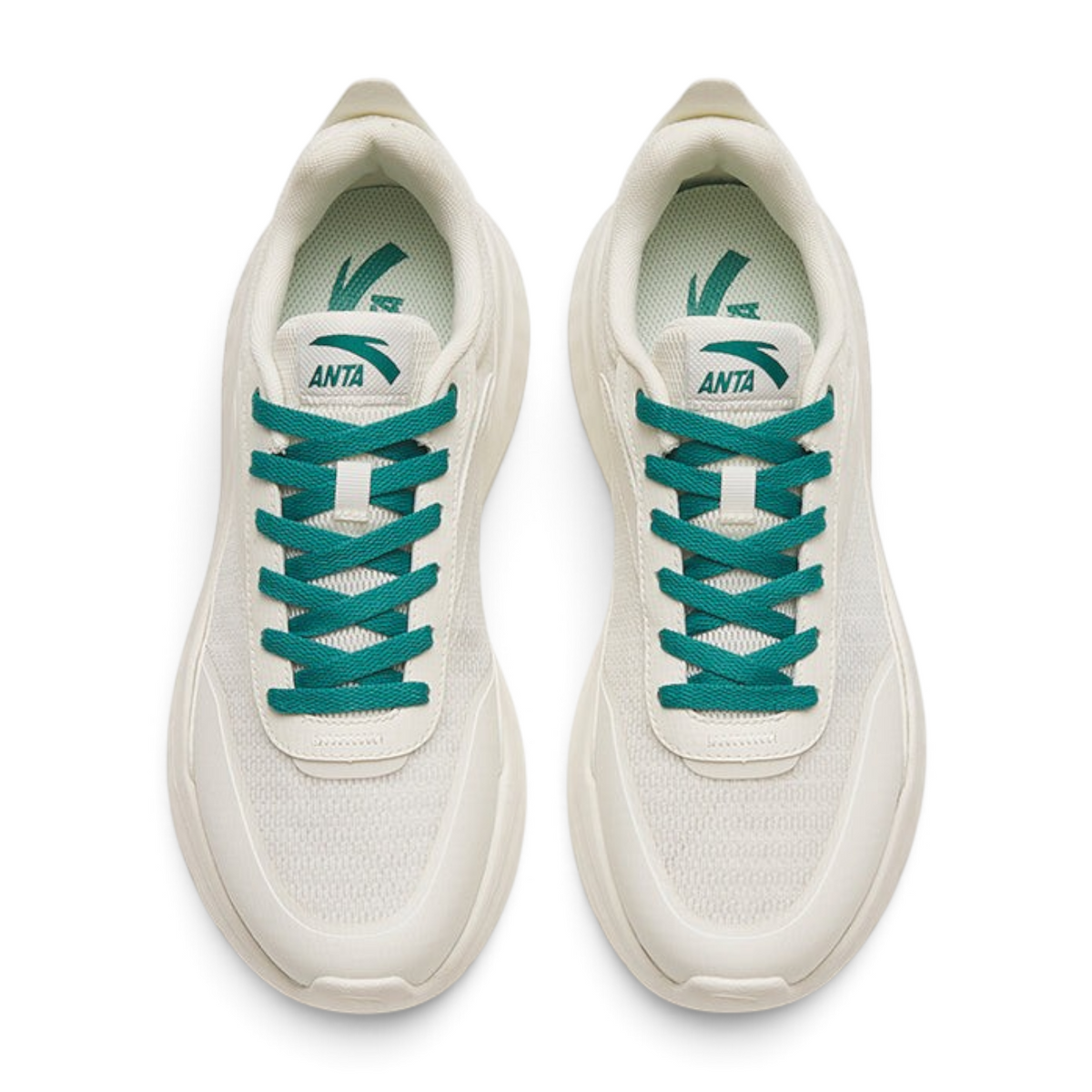 FRG casual shoes in white mesh with teal green laces and matching interior branding, top-down view