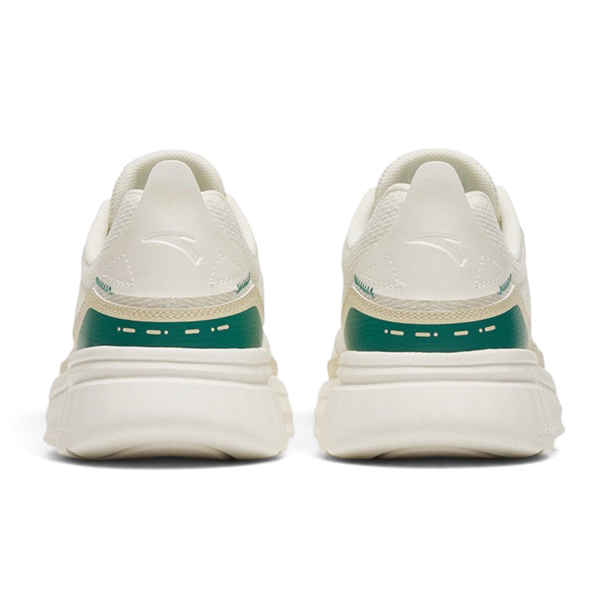 FRG casual shoes in white with green accents, featuring a thick cushioned sole and rear view design.