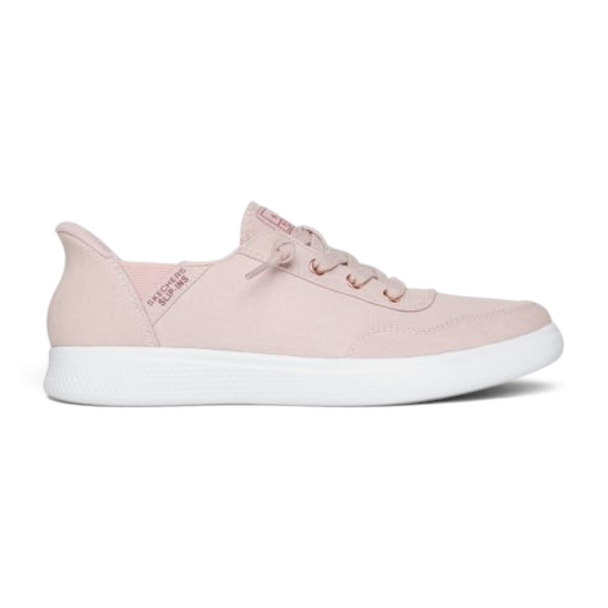 FRG BOBS Skip Cute slip-in sneaker in light pink canvas with faux laces and a white rubber sole