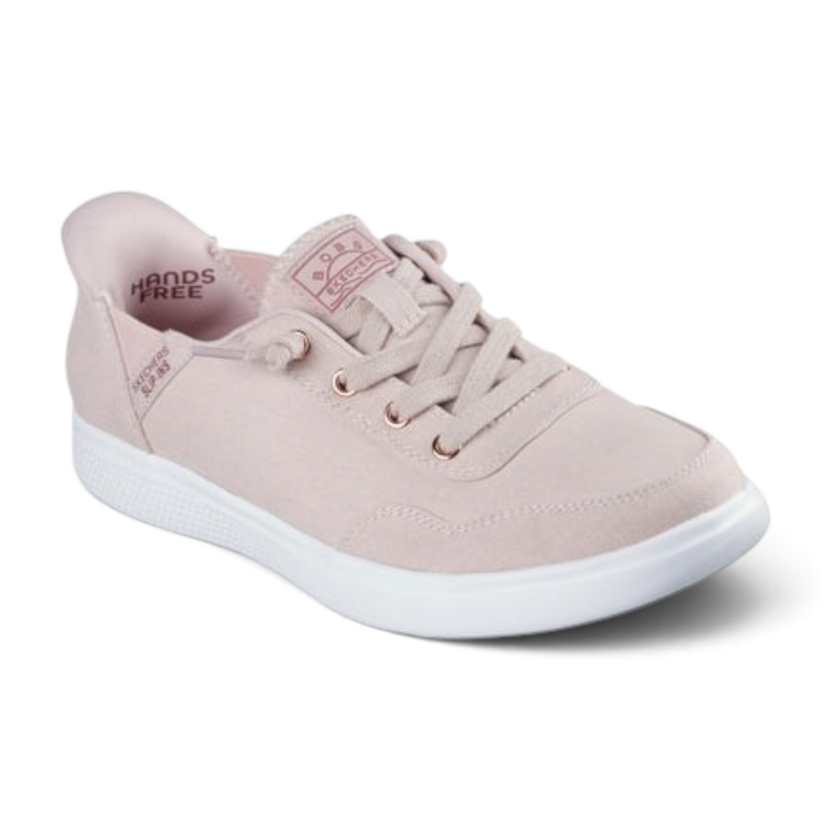 FRG BOBS Skip Cute slip-in sneaker in light pink canvas with faux laces and a white cushioned sole