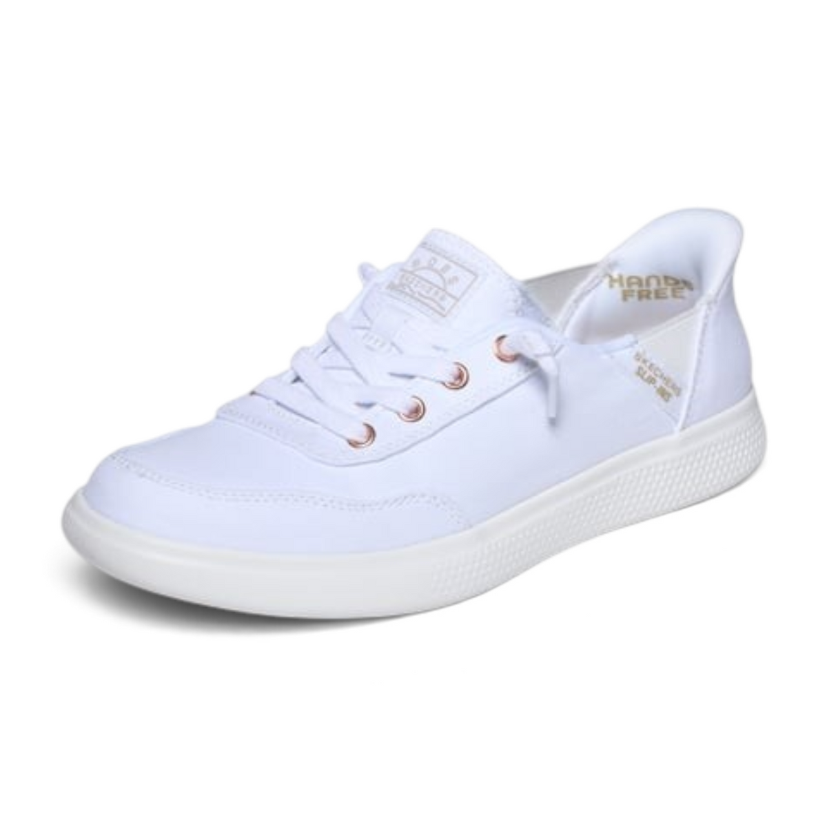 FRG BOBS Skip Cute white canvas slip-on sneaker with rose gold eyelets and Hands Free technology