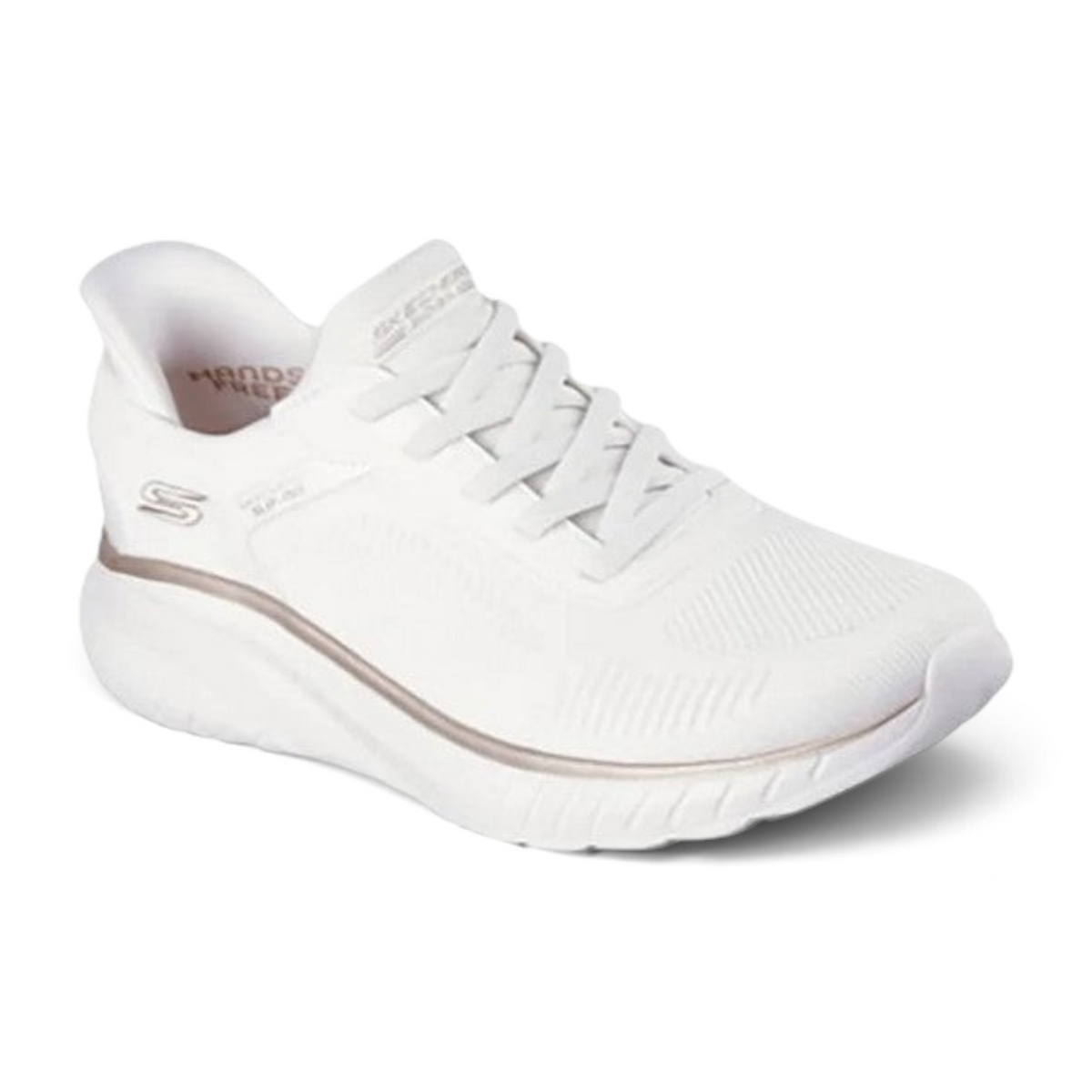 FRG Skechers BOBS Squad Chaos white sneaker with gold accents, engineered knit upper, and cushioned midsole.