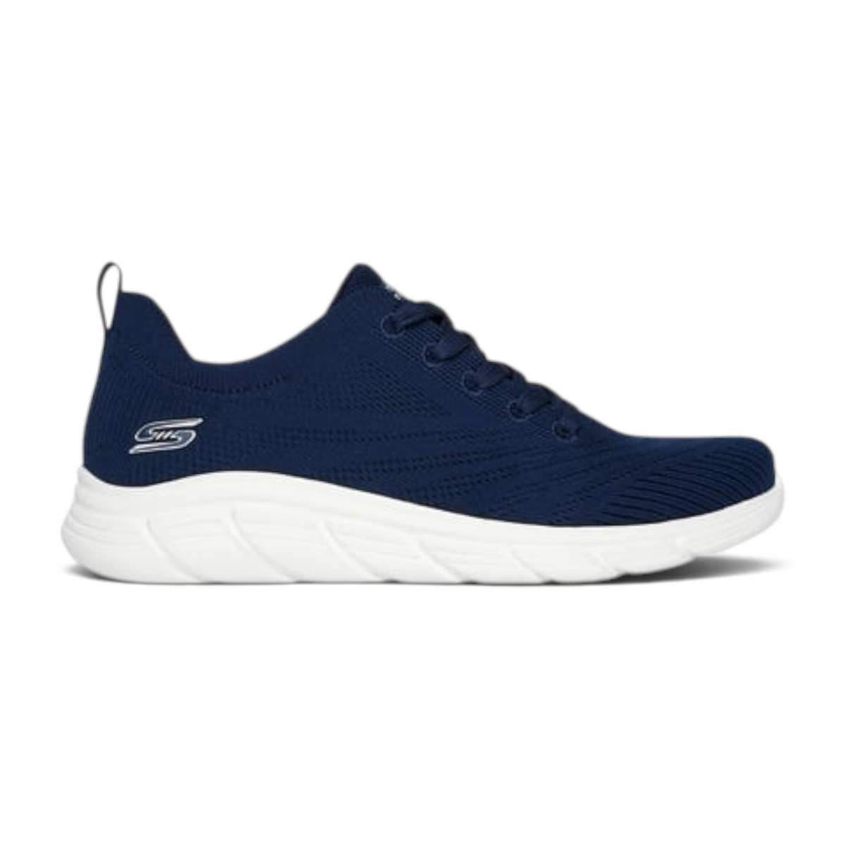 FRG Skechers BOBS B Flex Lo navy blue vegan knit lace-up sneaker with a white cushioned memory foam sole