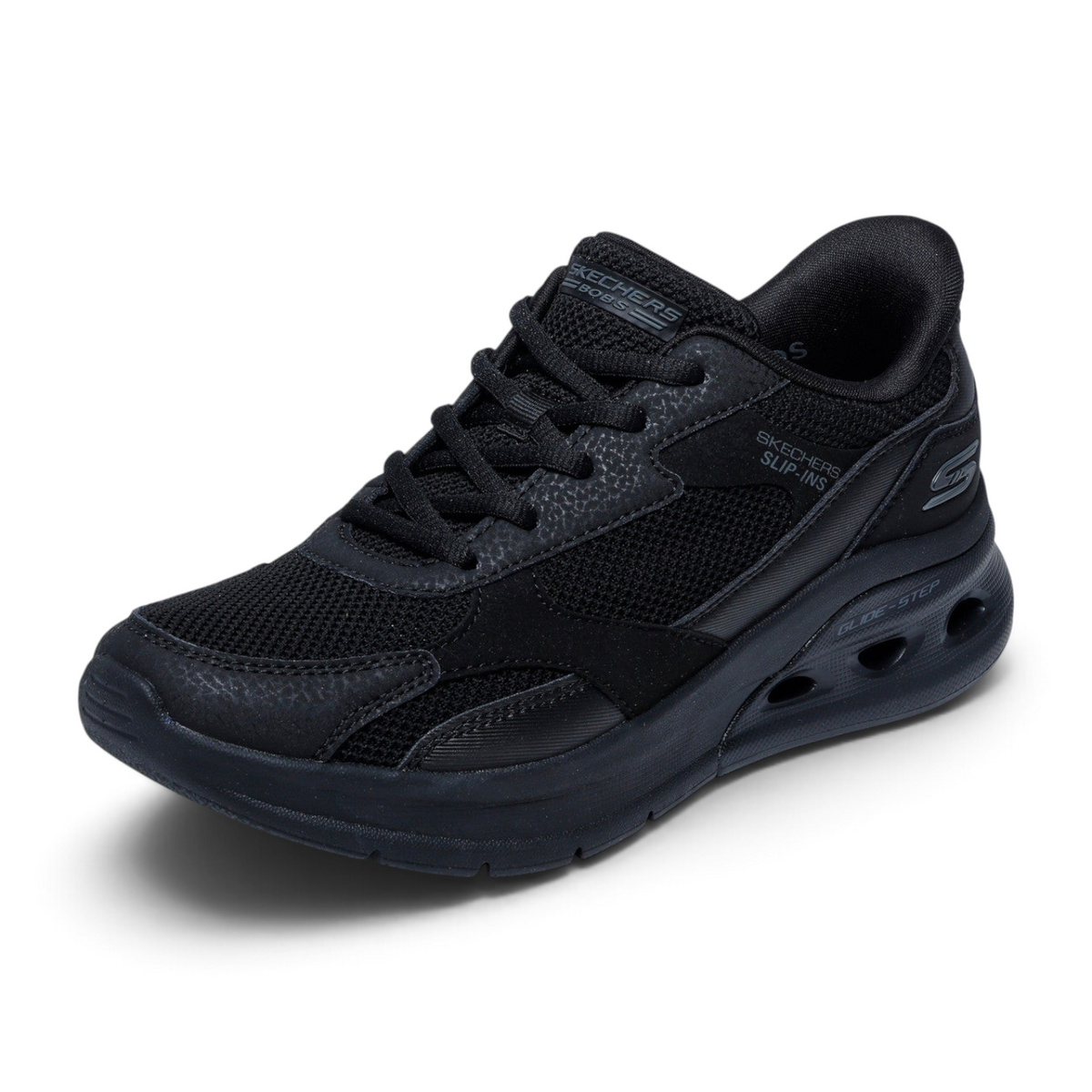 FRG Skechers BOBS Arc Waves 2.0 black slip-in sneaker with mesh upper and cushioned Glide-Step midsole