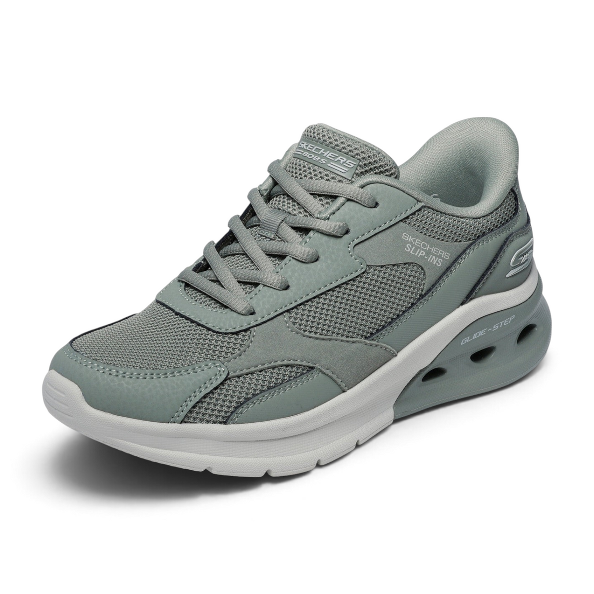 FRG Skechers BOBS Arc Waves 2.0 sage green slip-in sneaker with mesh and synthetic upper and cushioned Glide-Step sole