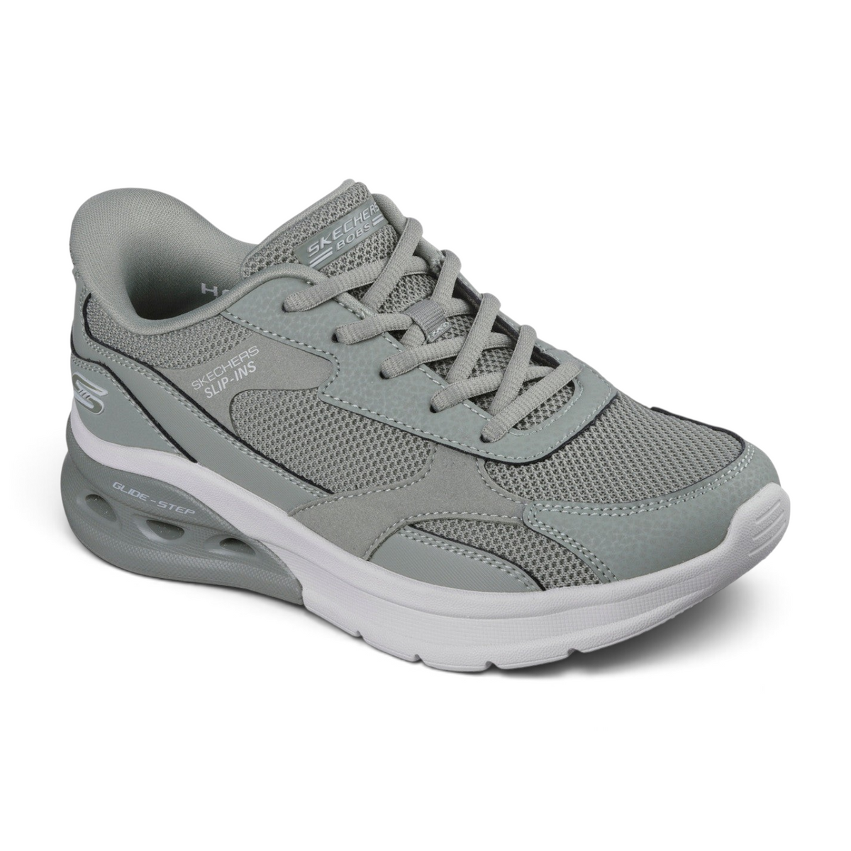 FRG Skechers BOBS Arc Waves 2.0 grey slip-in sneaker with mesh upper, cushioned midsole, and sporty design.